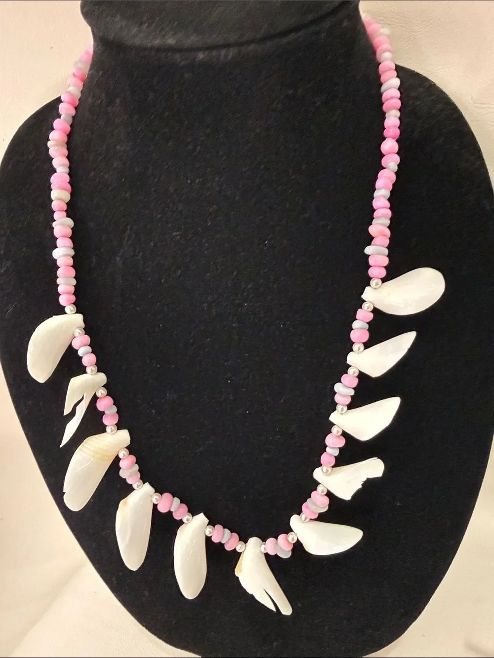 Tropical Pink White Blue Shell Bead Necklace & Matching Pierced Dangle Earrings